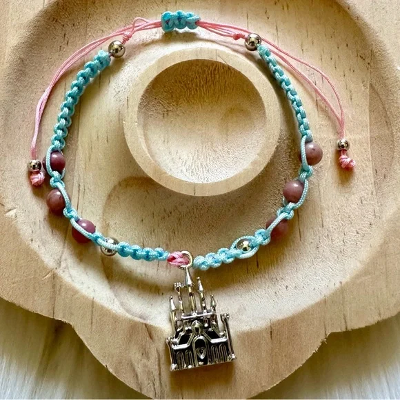 Handmade Aurora’s Castle Charm Blue & Pink String Adjustable Bracelet - Picture 2 of 2